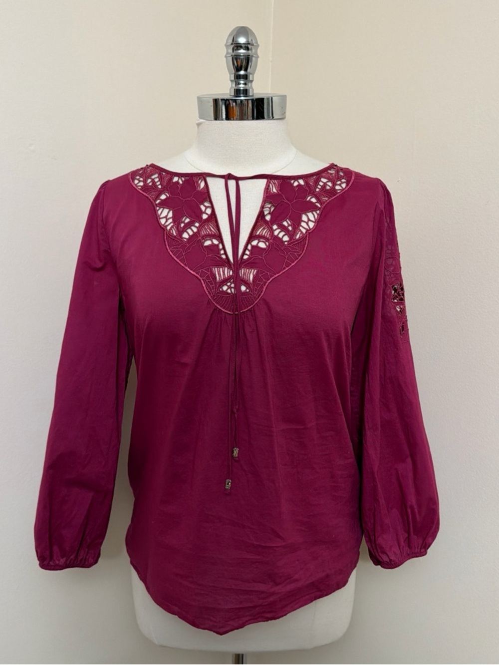 WHBM Cut Out Embroidery Cotton Blouse in Berry S